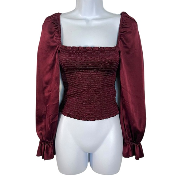 Reformation Chamomile Puff Sleeved Silk Satin Top Blouse Plum Burgundy Size XS - Picture 12 of 13